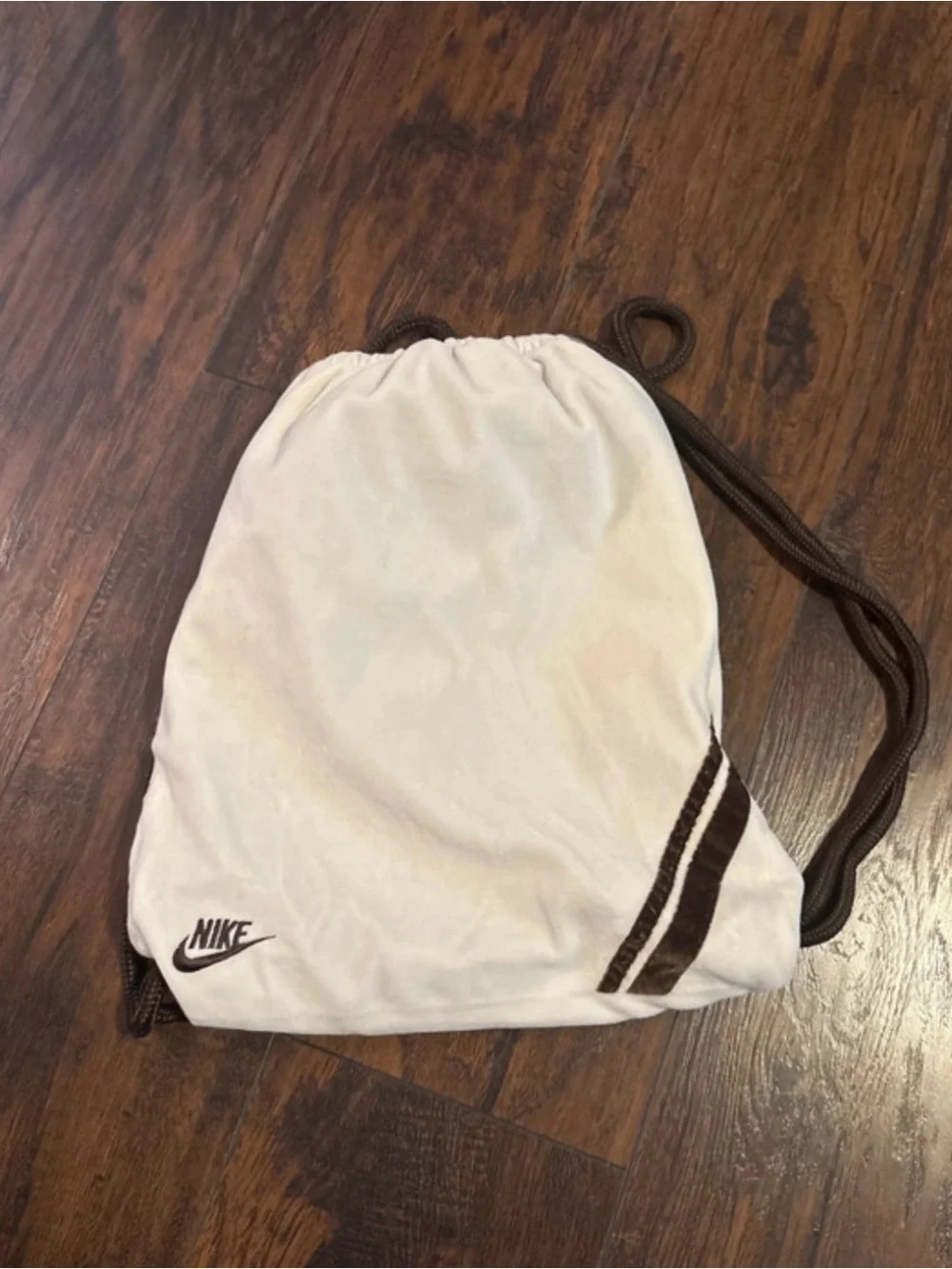 Y2K Nike velour White Drawstring Backpack with Brown Accents